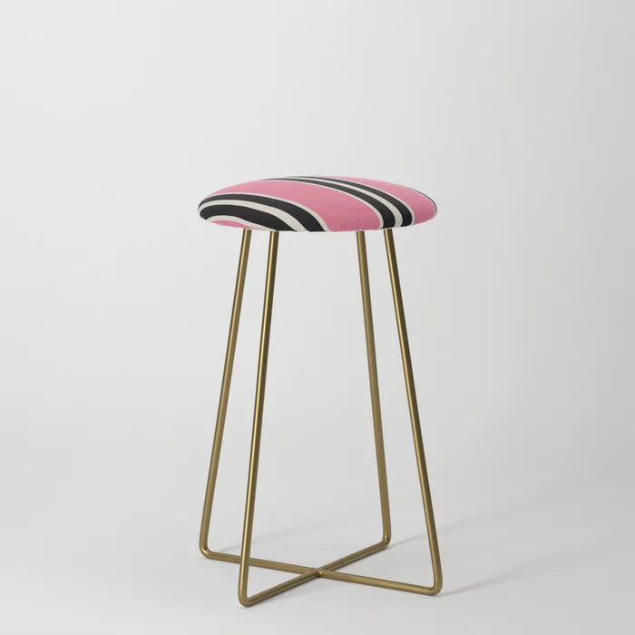 Vertical Stripes Pink and Black Counter Stool by Tony Magner with gold steel legs – stylish vegan leather stool for hotel cafés, restaurant counters, and modern hospitality spaces