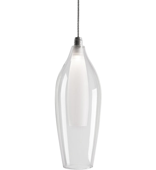 Modern clear glass pendant light with frosted inner diffuser and chrome metal accents, designed for bars, restaurants, and contemporary hospitality interiors.