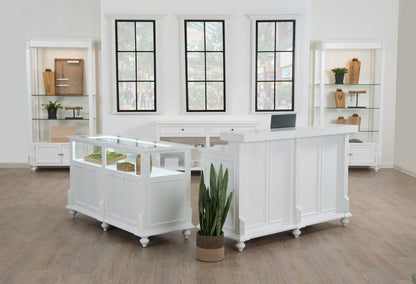Front view of the Vintage Jewelry Showcase in a white painted finish, showing the locking glass display area with LED lighting and the lower storage compartments used for secure retail merchandising.