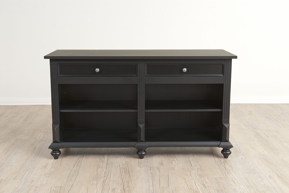 Back view of the Vintage Flat Top Retail Counter in a black painted finish, showing the open shelving and storage compartments used for organizing retail supplies and point-of-sale materials.