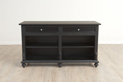 Back view of the Vintage Flat Top Retail Counter in a black painted finish, showing the open shelving and storage compartments used for organizing retail supplies and point-of-sale materials.