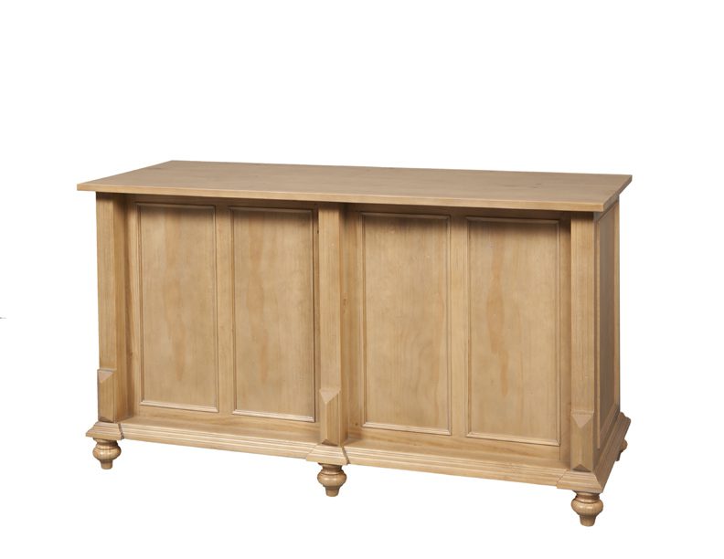 Front view of the Vintage Flat Top Retail Counter in a distressed pine wood finish, highlighting the flat countertop, storage drawers, and classic rustic appearance used in retail and hospitality spaces.