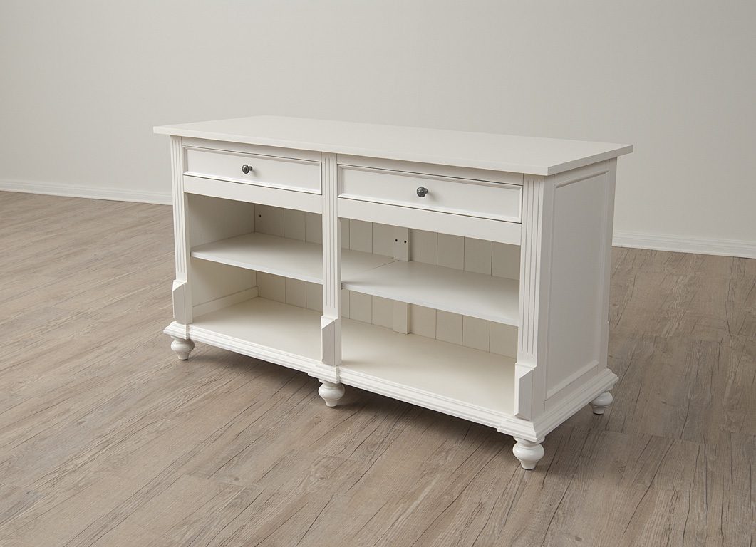 Back view of the Vintage Flat Top Retail Counter in a white painted finish, showing the open shelving and storage compartments designed for organizing retail supplies and POS materials.