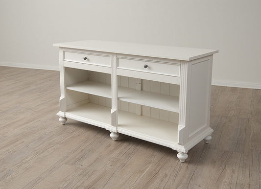 Back view of the Vintage Flat Top Retail Counter in a white painted finish, showing the open shelving and storage compartments designed for organizing retail supplies and POS materials.