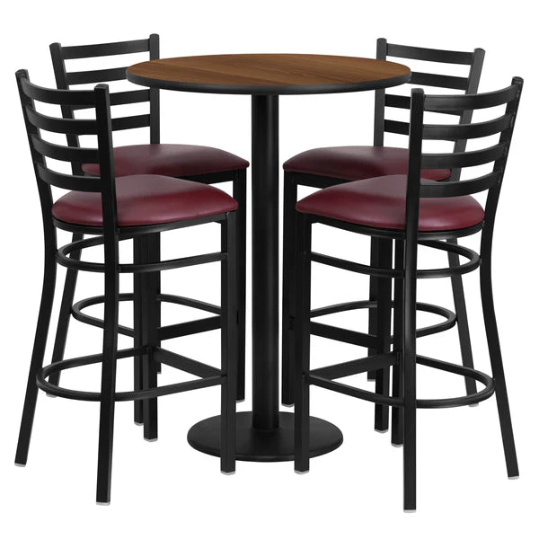 Walnut laminate bar table set with burgundy ladder back barstools for restaurants, hotels, and pubs.