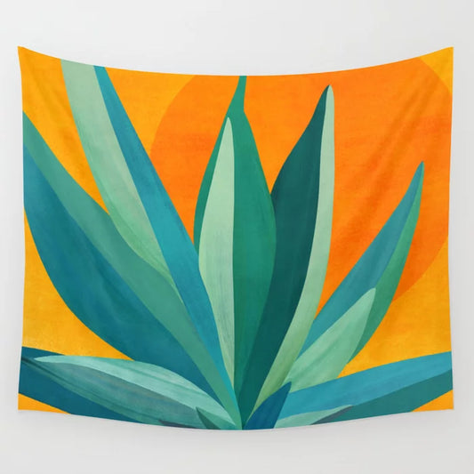 West Coast Sunset With Agave wall tapestry by Modern Tropical featuring golden sunset and agave design in warm desert tones.