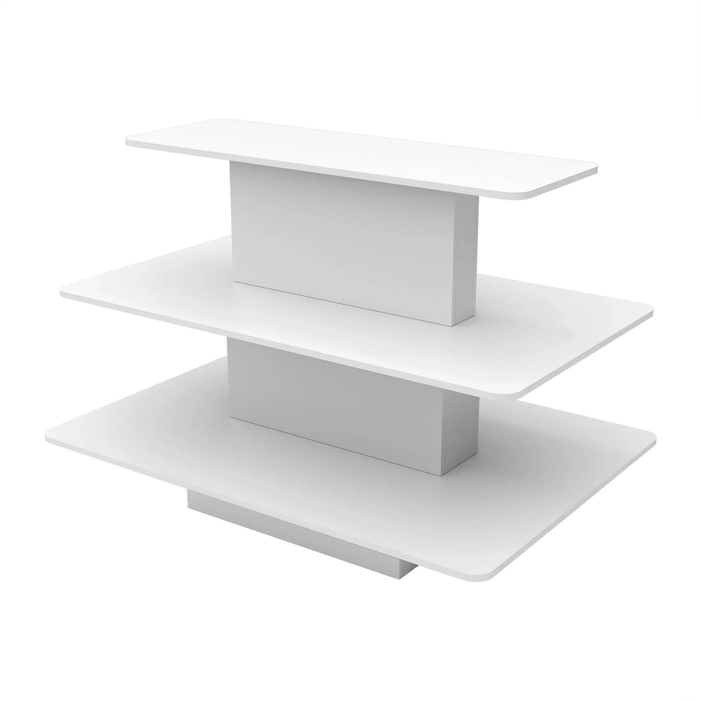 White economy 3-tier rectangular display table shown empty, featuring clean lines, bright finish, and tiered shelves for retail product presentation.