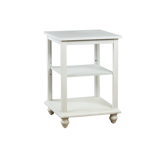 White finish option showing a clean painted wood surface on the Vintage Corner Filler, featuring multiple display levels and an adjustable shelf.