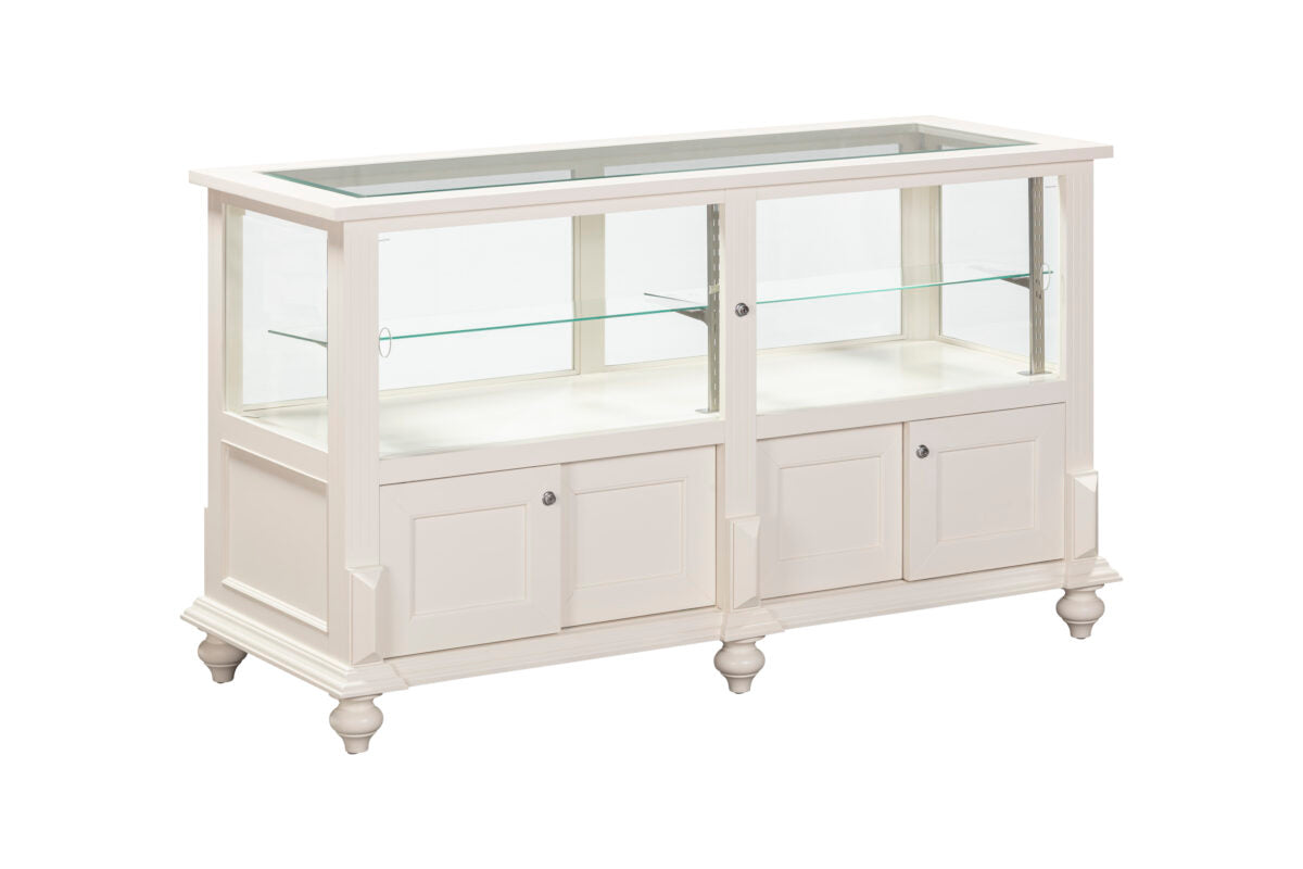 White finish option showing a clean painted surface on the Vintage Jewelry Showcase designed for illuminated jewelry and merchandise displays.