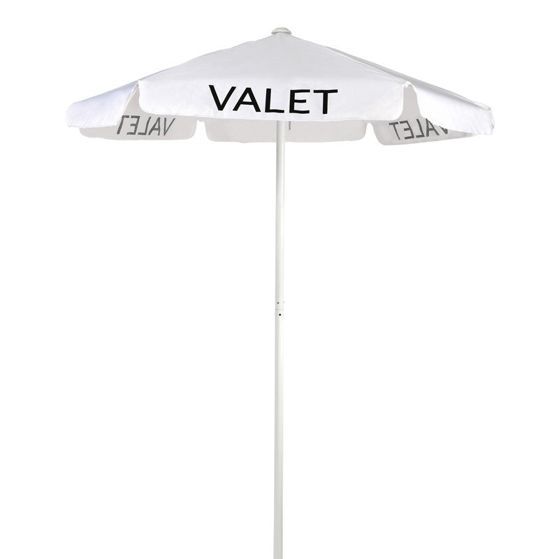 White commercial valet umbrella with a wide 60-inch weather-resistant canopy and tall pole, designed for outdoor valet stands and guest areas.