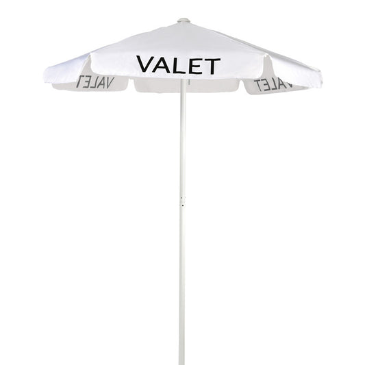White commercial valet umbrella with a wide 60-inch weather-resistant canopy and tall pole, designed for outdoor valet stands and guest areas.