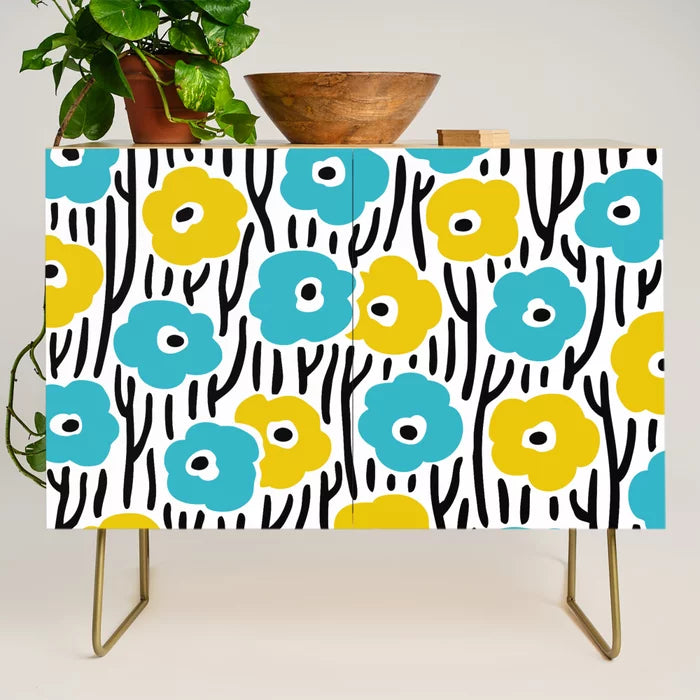 Wild Flowers Pattern Turquoise and Yellow Condiment Bar by Tony Magner with gold steel legs – mid-century floral design on birch, ideal for hotel breakfast areas, restaurants, and cafés