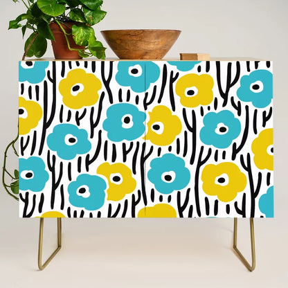 Wild Flowers Pattern Turquoise and Yellow Condiment Bar by Tony Magner with gold steel legs – mid-century floral design on birch, ideal for hotel breakfast areas, restaurants, and cafés