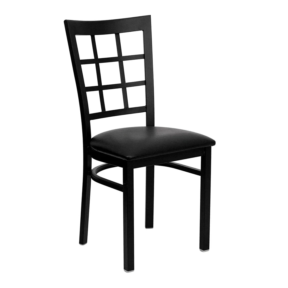 Window pane back chair with metal frame and black viny seat