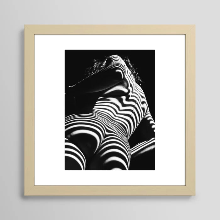 Zebra curve nude art print with maple frame, warm modern artwork for restaurants, wine bars, and hotel suites