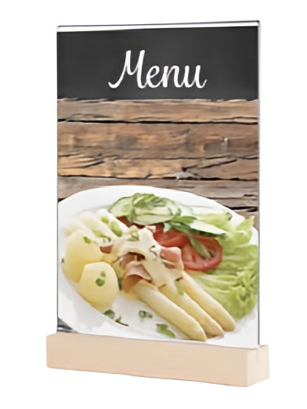 Menu cover with a wooden stand displaying a plate of salad on a white background