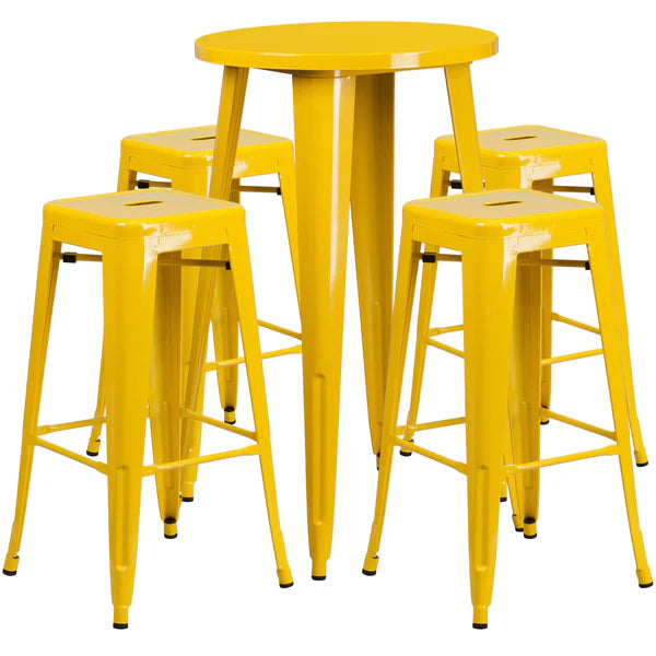 Yellow metal bar table set with backless stools for cafés and hotel patios